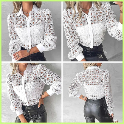 2025 Women's White Lace Shirt, Elegant Hollow Out Vintage Top Long Sleeve Blouse