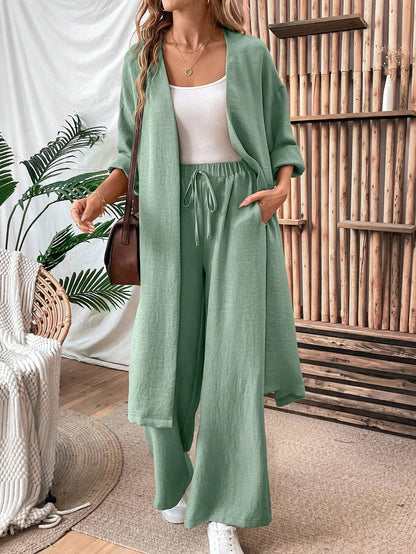 Women Two Piece Outfit Long Open Front Cardigan and Elastic Waist Wide Leg Pants Set Loose Casual Suit for Vacation Daily Wear