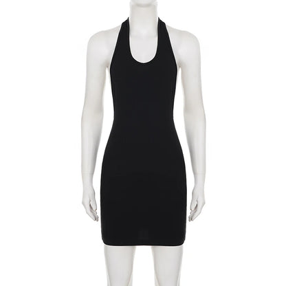 SUCHCUTE Black Sexy Backless Halter Dress Women Sleeveless Low-Neck Party Club Dress Aesthetic 90s Clubwear Clothing Chic Outfit