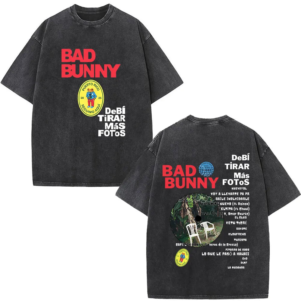 Washed Vintage Rapper Bad Bunny T-shirt Debi Tirar Mas Fotos DTMF Album 2025 T Shirts Men Women Hip Hop Oversized T-shirts Tops