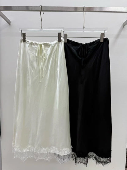 Elegant Lace Splice Satin Half Skirt Women's Summer Fashion Soft Breeze Luxury Straight A-Line Skirt Breathable Polyester Fiber