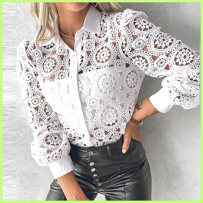 2025 Women's White Lace Shirt, Elegant Hollow Out Vintage Top Long Sleeve Blouse