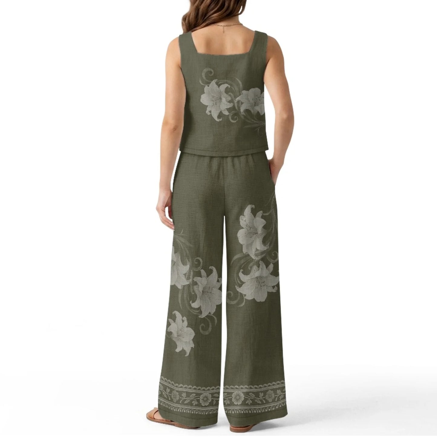 INSTANTARTS Women’s Linen Vest Set Women’s Wide-leg Trousers Lightweight Breathable Soft Comfortable Quick-dry Outfits Flower