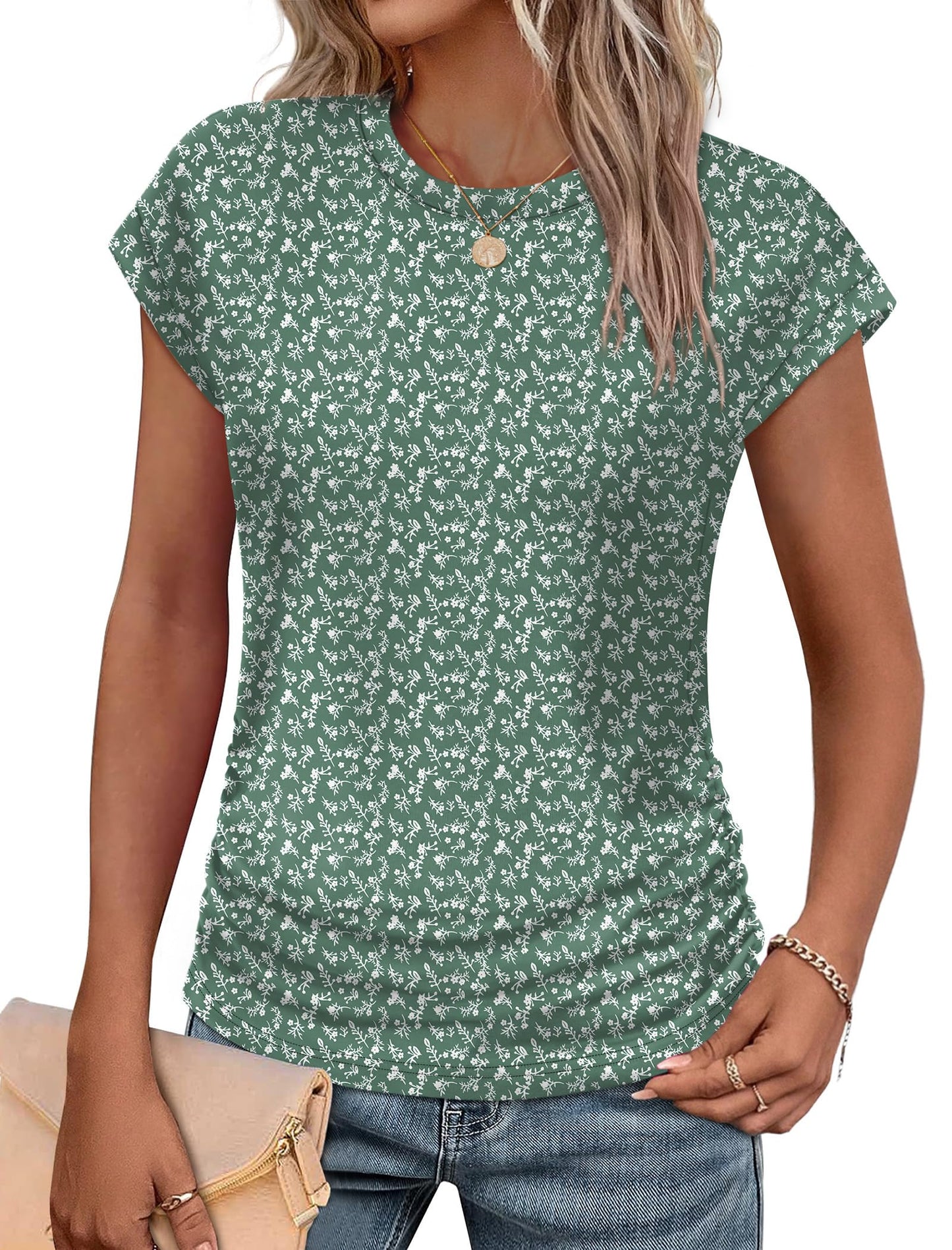 Sampeel Womens Summer Tops Trendy 2026 Ruched Cap Short Sleeve Tshirts Shirts Crew Neck T Shirts Fashion