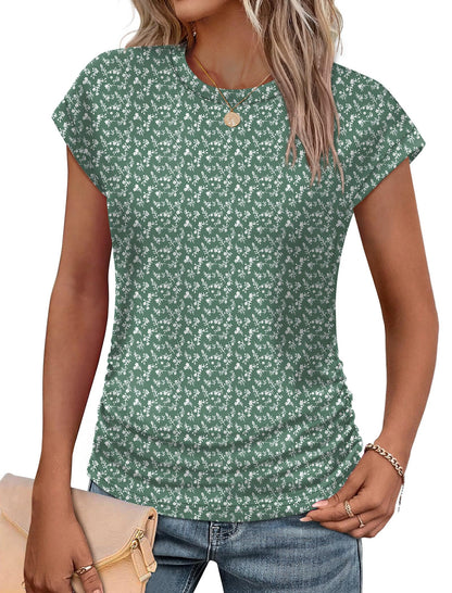 Sampeel Womens Summer Tops Trendy 2026 Ruched Cap Short Sleeve Tshirts Shirts Crew Neck T Shirts Fashion