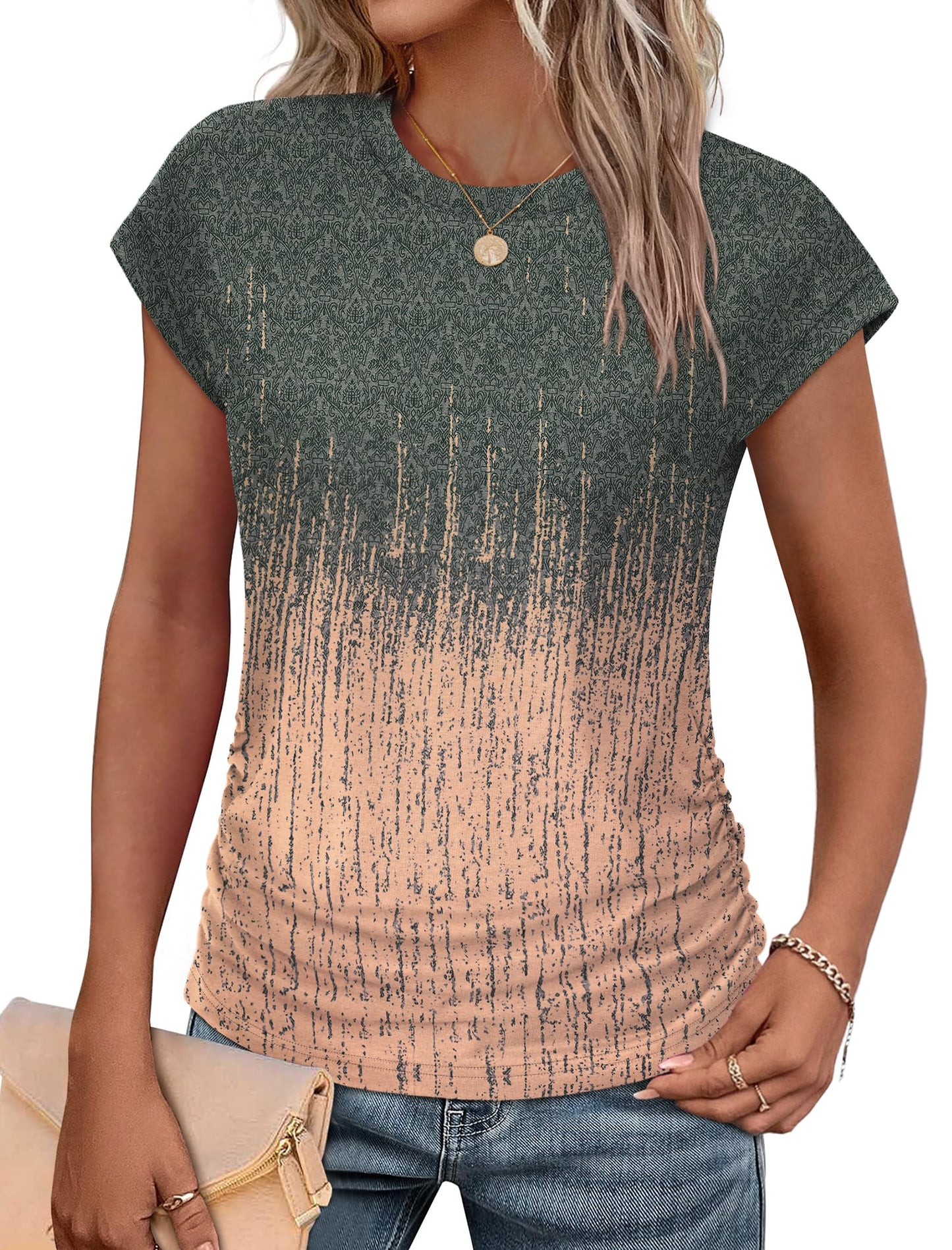Sampeel Womens Summer Tops Trendy 2026 Ruched Cap Short Sleeve Tshirts Shirts Crew Neck T Shirts Fashion