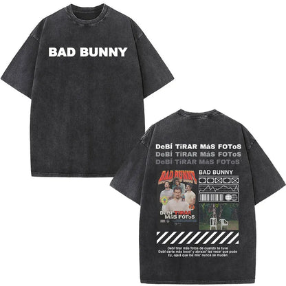 Washed Vintage Rapper Bad Bunny T-shirt Debi Tirar Mas Fotos DTMF Album 2025 T Shirts Men Women Hip Hop Oversized T-shirts Tops