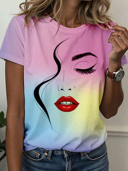Women's T-Shirt Abstract Face Line Art Graphic Print Tops Casual O-Neck Short Sleeve Tee Summer Outdoor Fashion Female Clothing