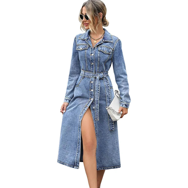 Women Long Sleeve Denim Dress Autumn Winter Slim Waist A Line Jean Dress Casual Bodycon Midi Dresses Fashion Streetwear Outfits