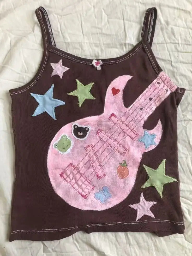 Y2k Subculture Punk Rock Camisole Retro Guitar Print Halter Vest Ladies Hip Hop Hottie Slim Tops Street Fashion Chic Clothing
