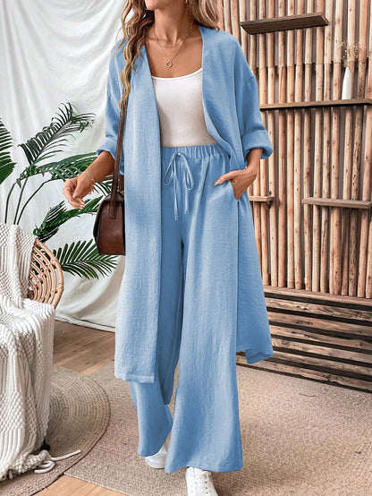 Women Two Piece Outfit Long Open Front Cardigan and Elastic Waist Wide Leg Pants Set Loose Casual Suit for Vacation Daily Wear