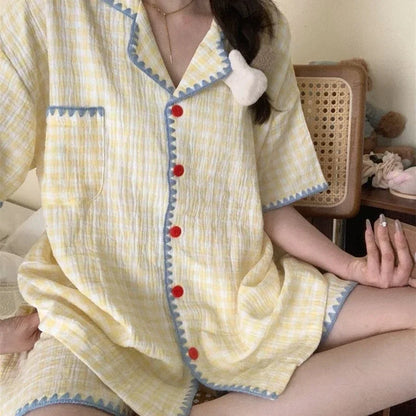 Cute Summer Color-Block Checkered Pajamas for Women: Short-Sleeve Set, Sweet Loungewear Two-Piece Set, Women's Summer Clothing