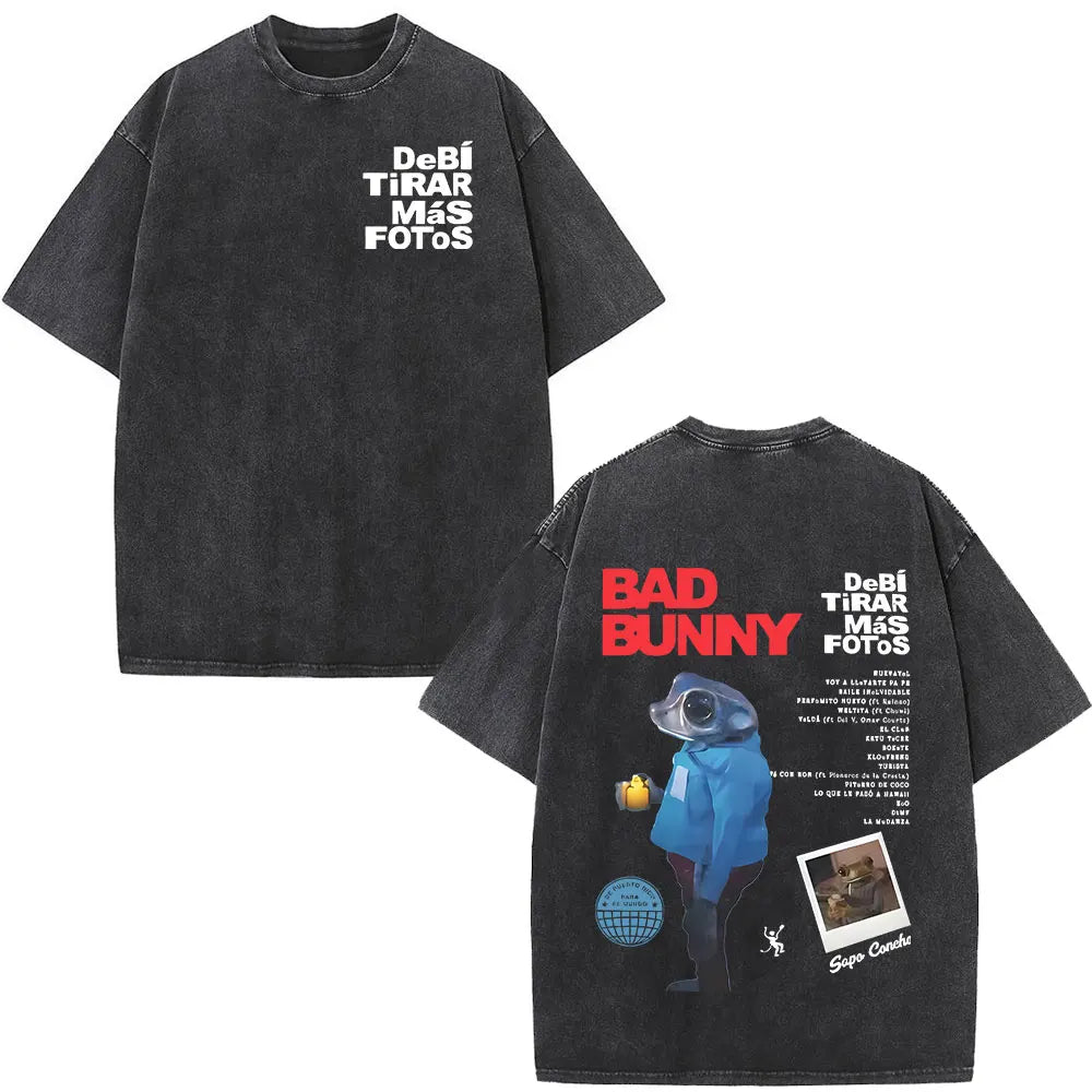 Washed Vintage Rapper Bad Bunny T-shirt Debi Tirar Mas Fotos DTMF Album 2025 T Shirts Men Women Hip Hop Oversized T-shirts Tops