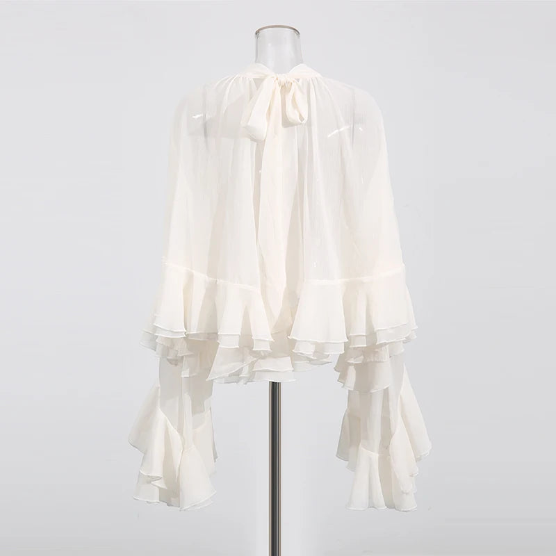 TWOTWINSTYLE Solid Loose Sheer Blouses for Women High Neck Long Sleeves Patchwork Ruffles Folds Elegant Blouse Female Clothing