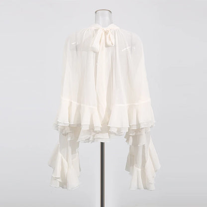 TWOTWINSTYLE Solid Loose Sheer Blouses for Women High Neck Long Sleeves Patchwork Ruffles Folds Elegant Blouse Female Clothing