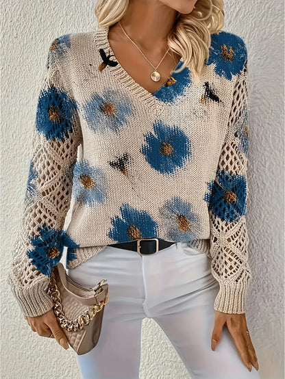 Bohemian Floral V-Neck Pullover | Hollow Print Long Sleeve Knitting Sweater | 2025 Fashion Casual Top (Characters: 78)