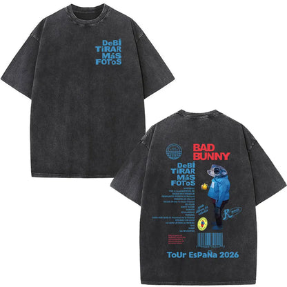 Washed Vintage Rapper Bad Bunny T-shirt Debi Tirar Mas Fotos DTMF Album 2025 T Shirts Men Women Hip Hop Oversized T-shirts Tops