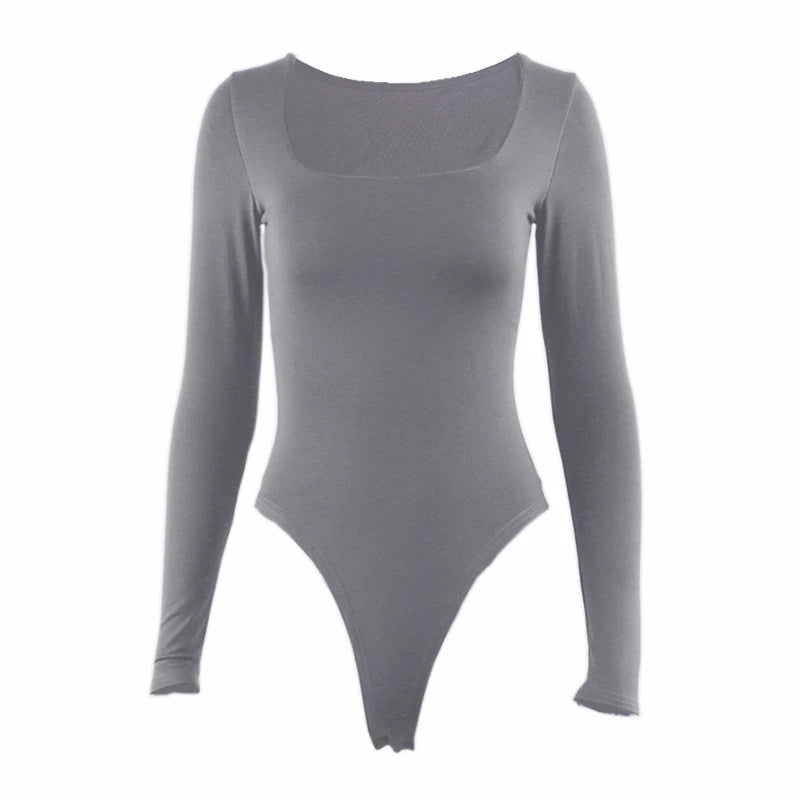 Long Sleeve Bodysuits Spring 2025 Square-Cut Collar Solid Bodycon Elastic Romper Sexy Y2k Women Clothing Fashion Club Party 2520
