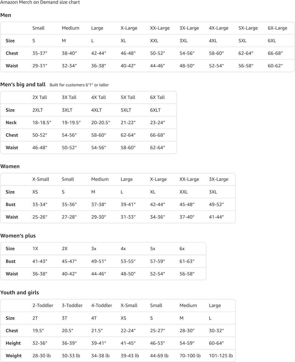A size chart table for apparel showing measurements for Men, Women, and Youth/girls by size category, with chest, neck, waist, bust, and height ranges.