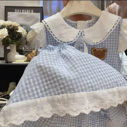 Blue Plaid Korean Girls Dress