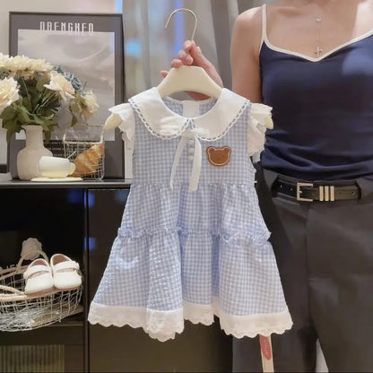 Blue Plaid Korean Girls Dress