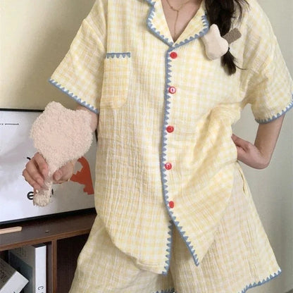 Cute Summer Color-Block Checkered Pajamas for Women: Short-Sleeve Set, Sweet Loungewear Two-Piece Set, Women's Summer Clothing