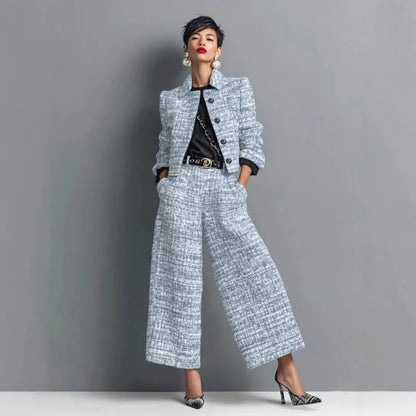 QICHE New 2026 Women European Matching Set Lapel Long‑Sleeve Cropped Jacket Slim‑Fit Wide‑Leg Pants Outfit