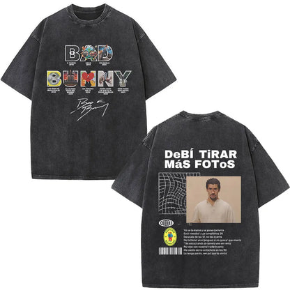 Washed Vintage Rapper Bad Bunny T-shirt Debi Tirar Mas Fotos DTMF Album 2025 T Shirts Men Women Hip Hop Oversized T-shirts Tops