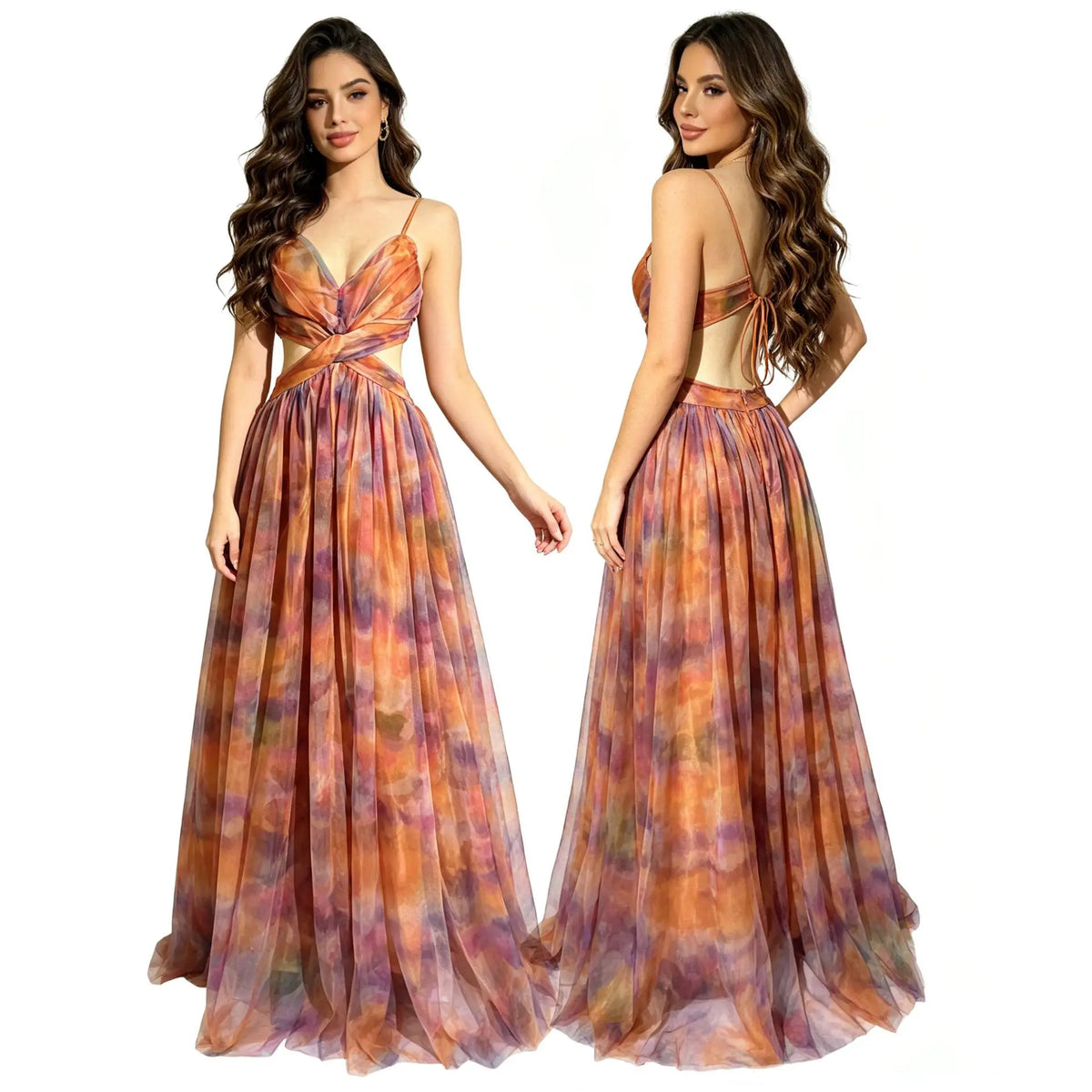 Sexy Tie-Dye Mesh Strapless Dress Deep V Neck Waist-Cinched Long Party Skirt Cross-Border Holiday Style Ethnic Stage Costume
