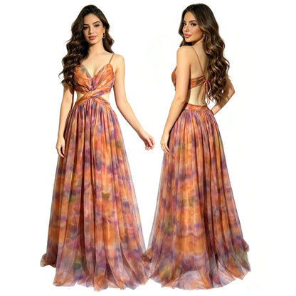 Sexy Tie-Dye Mesh Strapless Dress Deep V Neck Waist-Cinched Long Party Skirt Cross-Border Holiday Style Ethnic Stage Costume