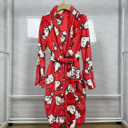 Nightgown Hello Kitty New Autumn Winter Warm Mid-Length Bathrobe Women's Warm Pajamas Home Clothes Can Be Worn Outside The Robe