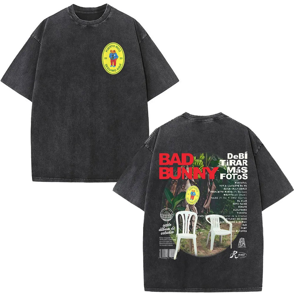 Washed Vintage Rapper Bad Bunny T-shirt Debi Tirar Mas Fotos DTMF Album 2025 T Shirts Men Women Hip Hop Oversized T-shirts Tops