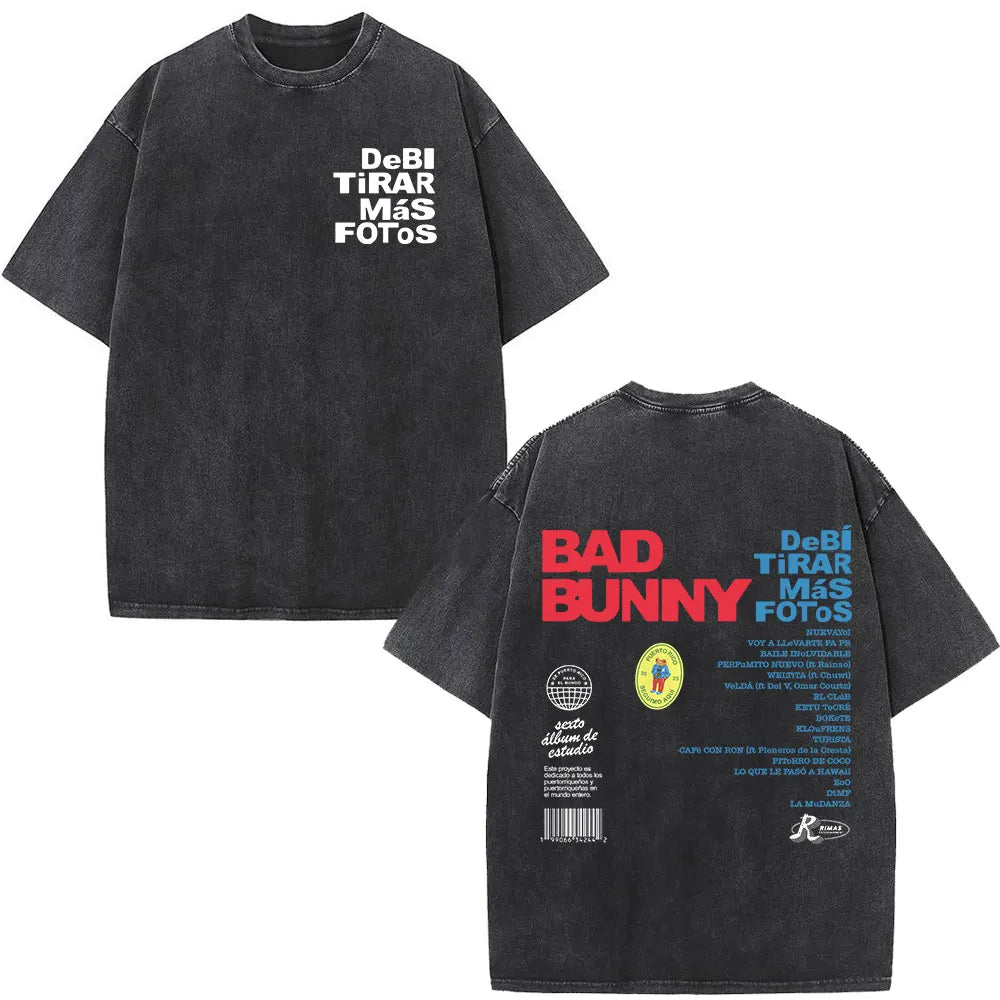 Washed Vintage Rapper Bad Bunny T-shirt Debi Tirar Mas Fotos DTMF Album 2025 T Shirts Men Women Hip Hop Oversized T-shirts Tops