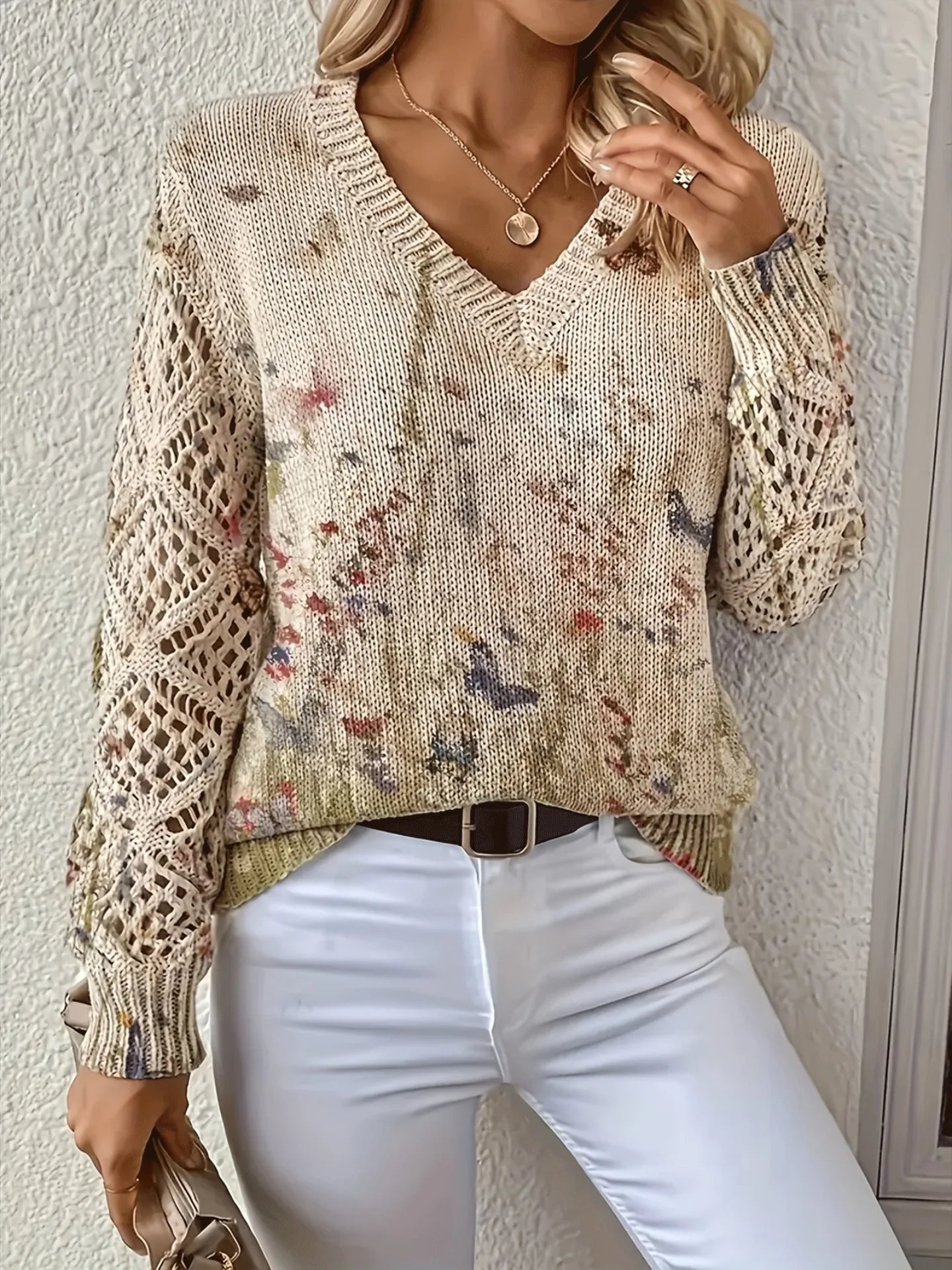 Bohemian Floral V-Neck Pullover | Hollow Print Long Sleeve Knitting Sweater | 2025 Fashion Casual Top (Characters: 78)