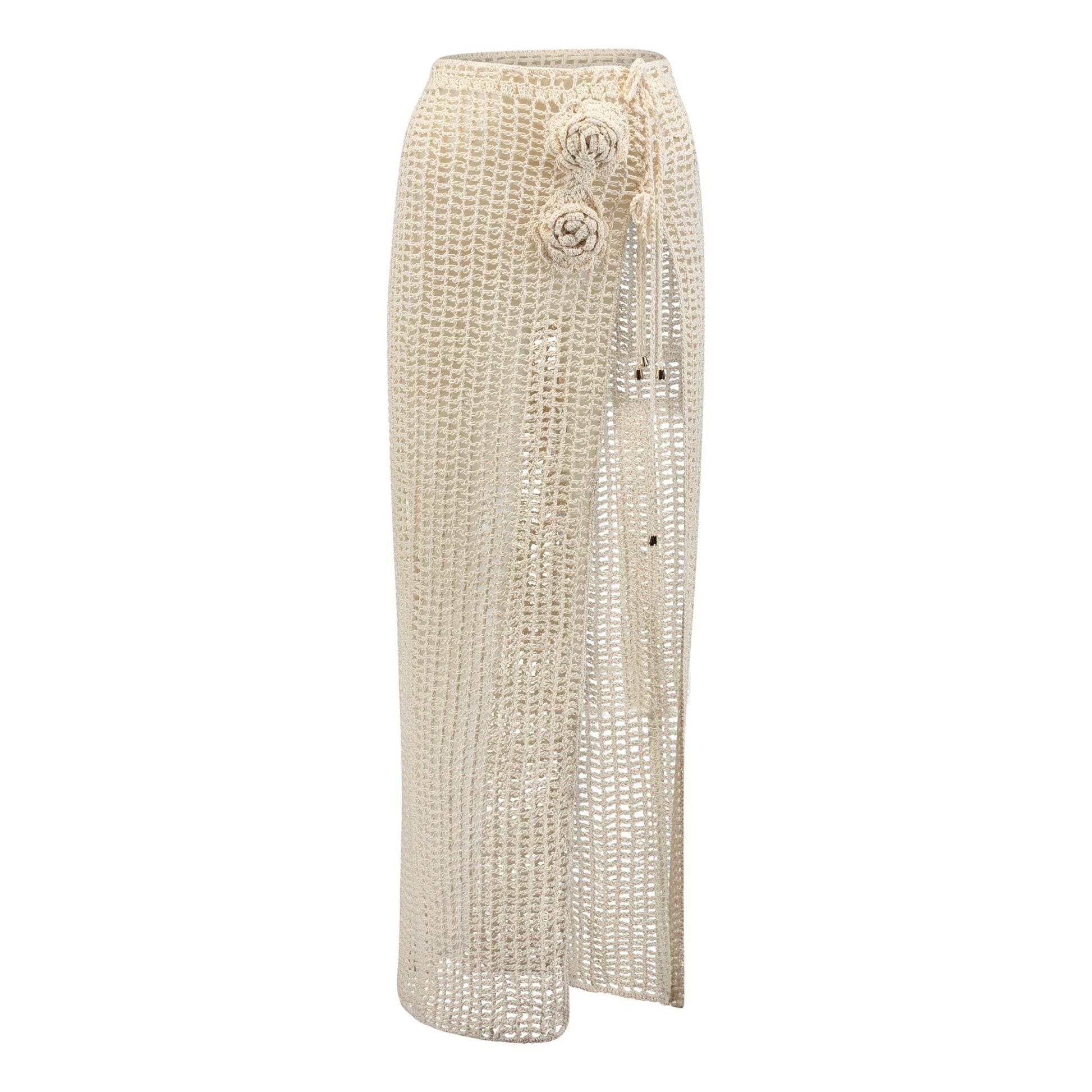Off-white Love & Roses skirt one-piece swimsuit by Acqua de Luxe Beachwear featuring floral design and elegant fit.
