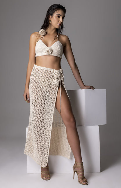Off-white Love & Roses skirt from Acqua de Luxe Beachwear, styled as a one-piece swimsuit with floral design.
