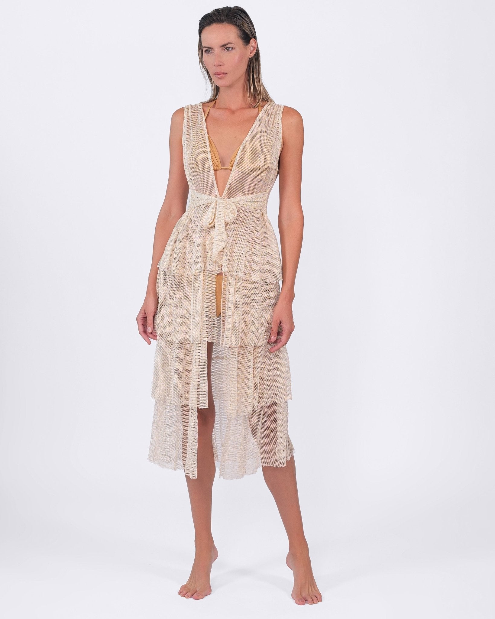 Golden beige Buzios Shimmer Dress by Acqua de Luxe Beachwear, elegant one-piece swimsuit with a shimmering finish.
