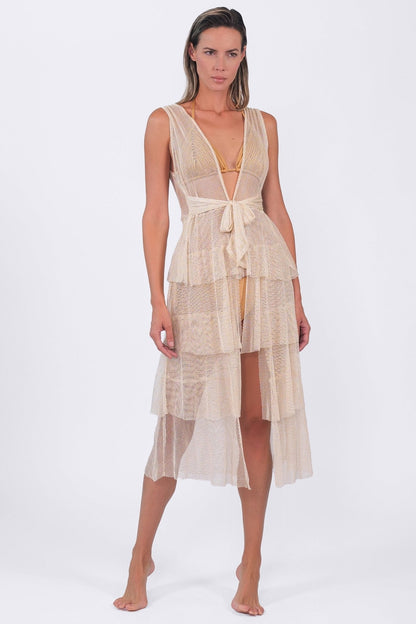 Golden beige Buzios Shimmer Dress by Acqua de Luxe Beachwear, stylish one-piece swimsuit with a shimmering, elegant design.