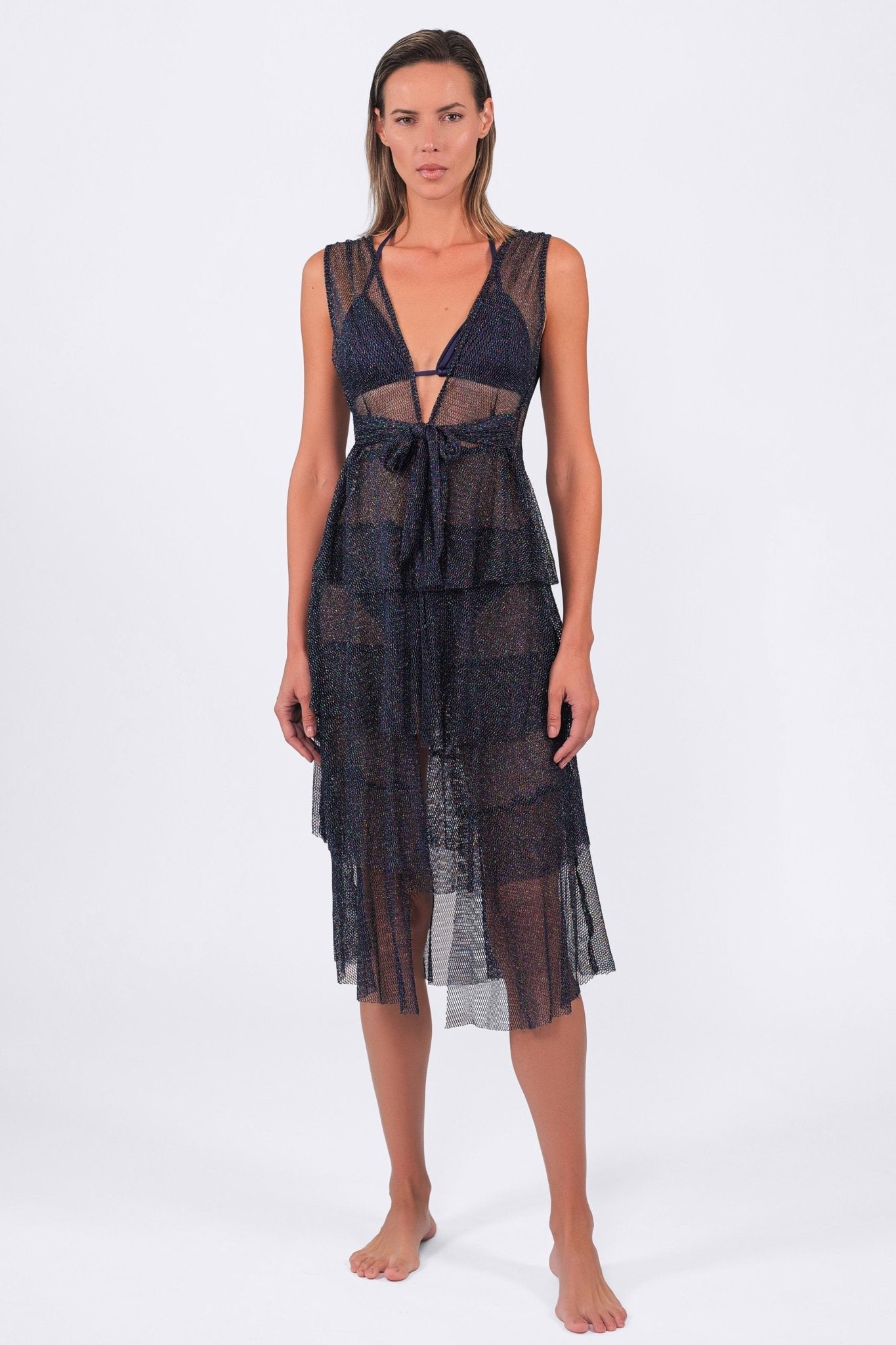 Golden beige Acqua de Luxe Buzios Shimmer Dress, a stylish one-piece beachwear dress with a shimmering finish.