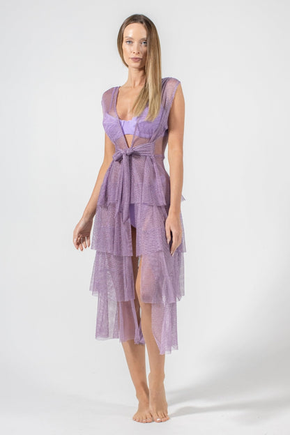 Golden beige Buzios Shimmer Dress by Acqua de Luxe Beachwear, stylish one-piece swimsuit with shimmering fabric.