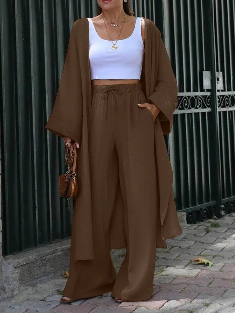 Women Two Piece Outfit Long Open Front Cardigan and Elastic Waist Wide Leg Pants Set Loose Casual Suit for Vacation Daily Wear