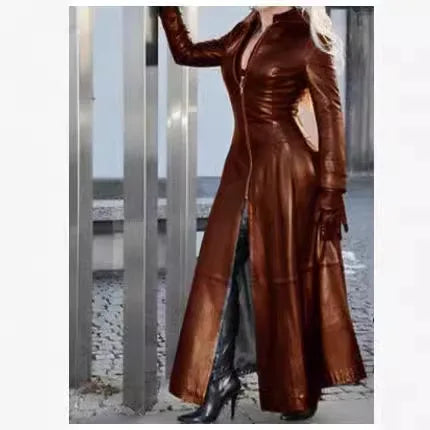 plus Size Slim Fit Zipper Collar PU Leather Jacket Women's Fashion Autumn Winter Long Coat  Color Trendy Female Clothing