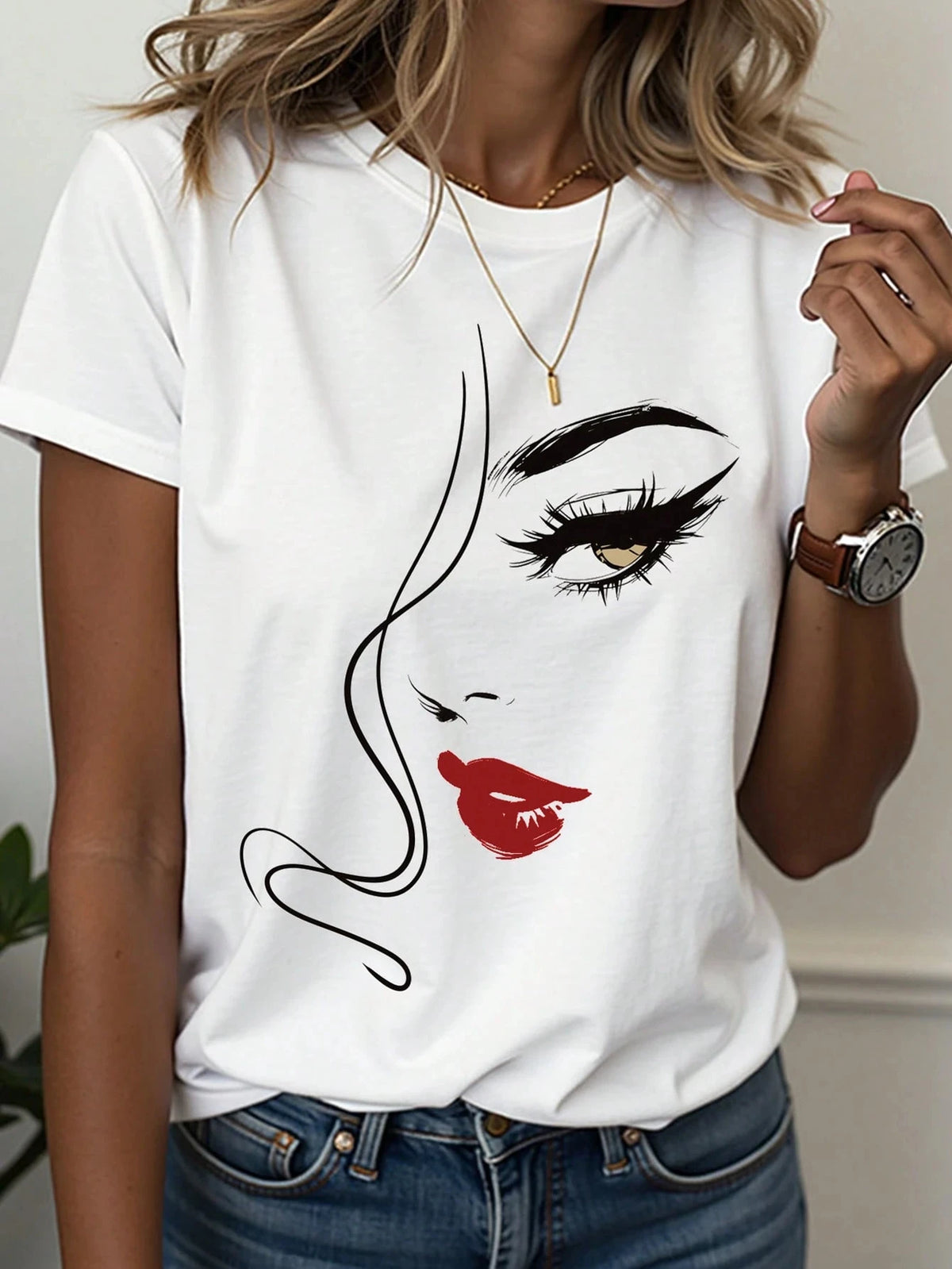Women's T-Shirt Abstract Face Line Art Graphic Print Tops Casual O-Neck Short Sleeve Tee Summer Outdoor Fashion Female Clothing