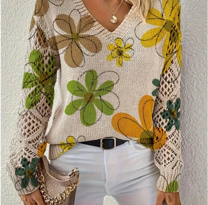 Bohemian Floral V-Neck Pullover | Hollow Print Long Sleeve Knitting Sweater | 2025 Fashion Casual Top (Characters: 78)