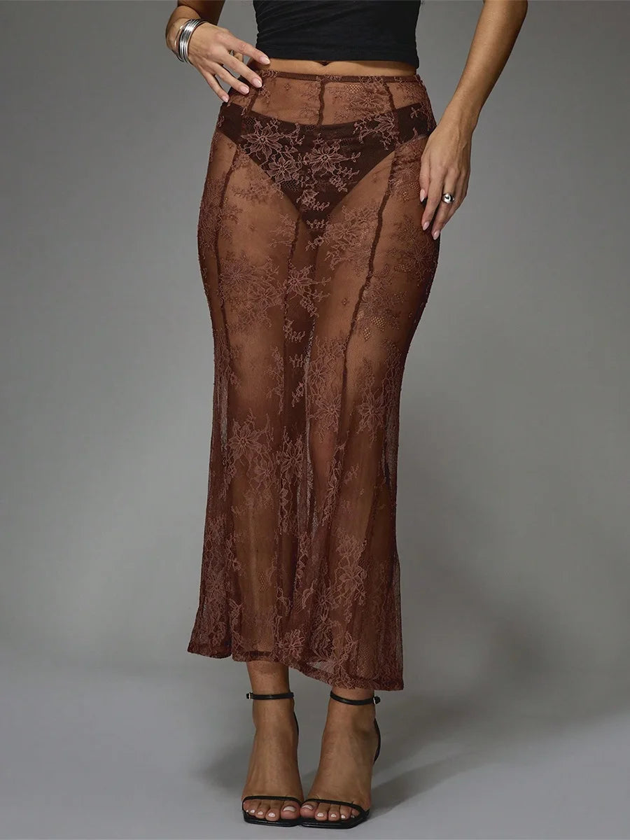 New Fashion Womens Summer Sheer Lace Skirt Trendy Long Cocktail Skirt For Bar Beach Party Skin Friendly Hot Sale S-XL - Redemption By Ashley North