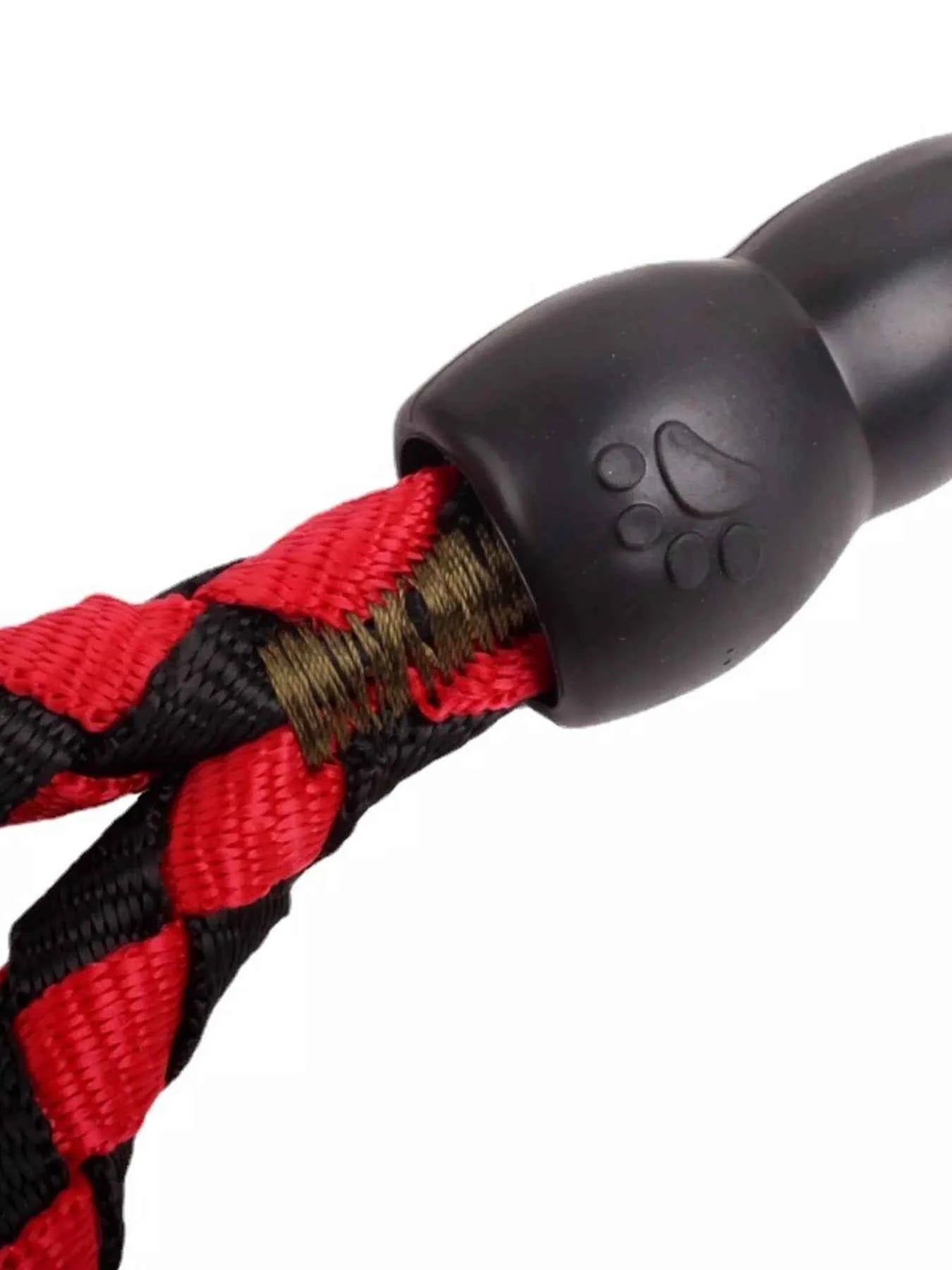 Black and red braided dog leash by All Sorts Co., comfortable and durable for easy walks with your furry friend.