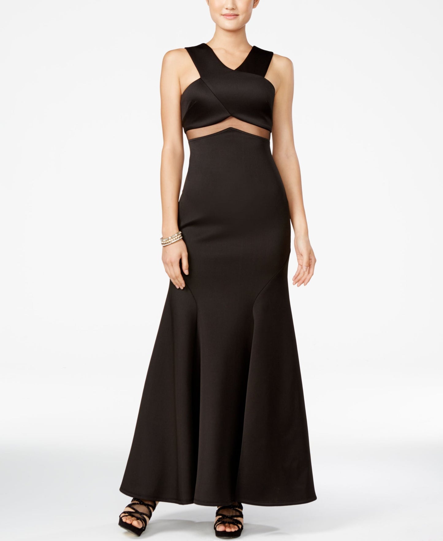 Black Teeze Me juniors women's gown with embellished illusion waist and elegant design by Amber Chrysippus.
