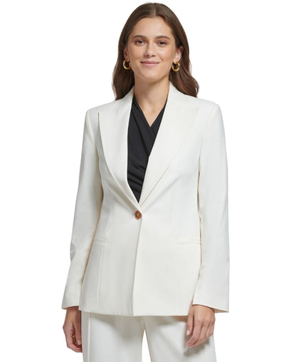 Beige DKNY women's peak-collar blazer with single button and long sleeves, styled for a classic tailored look.