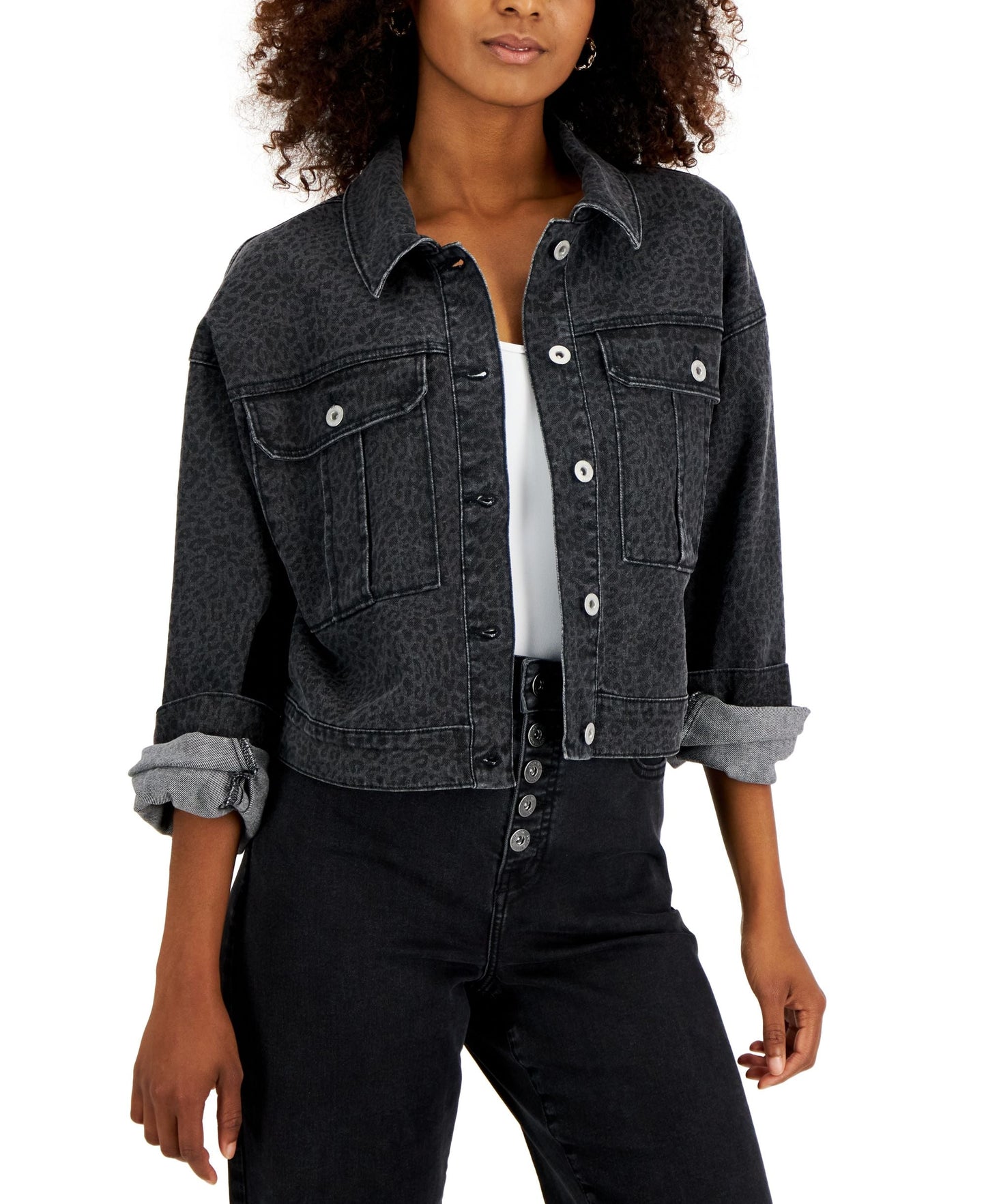 Women's printed denim Tucker jacket by INC International Concepts, featuring cheetah print and classic denim style.
