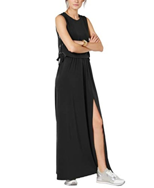 Petite black women's maxi dress with grommet laced details from Amber Chrysippus, featuring a flowing silhouette and stylish design.